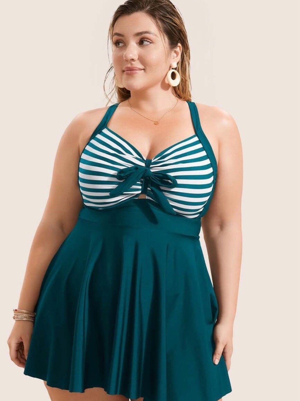 BloomChic PLUS SIZE Teal and White Striped Tie-Front Swim Tankini/Dress